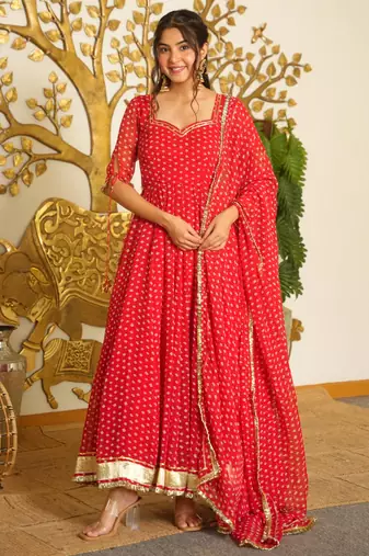 Red bandhej print faux georgette anarkali gown set with dupatta
