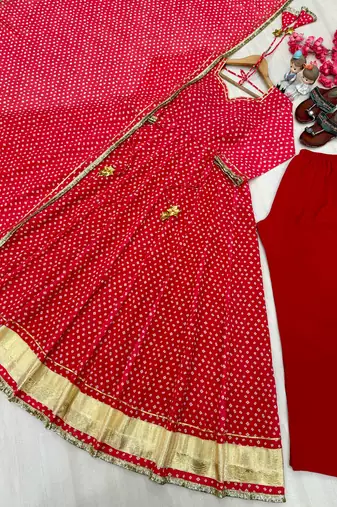Red bandhej print faux georgette anarkali gown set with dupatta