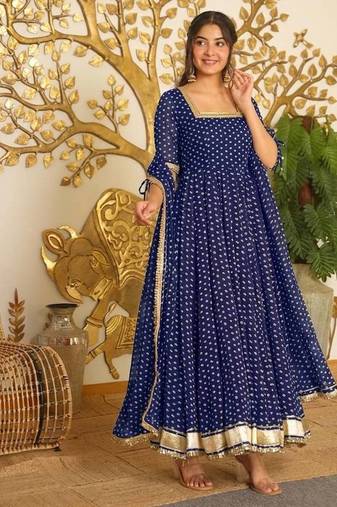 Blue bandhej print faux georgette anarkali gown set with dupatta
