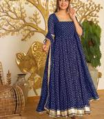 Blue bandhej print faux georgette anarkali gown set with dupatta
