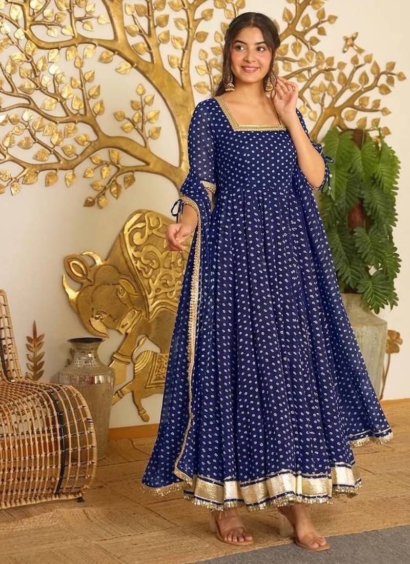 Blue bandhej print faux georgette anarkali gown set with dupatta