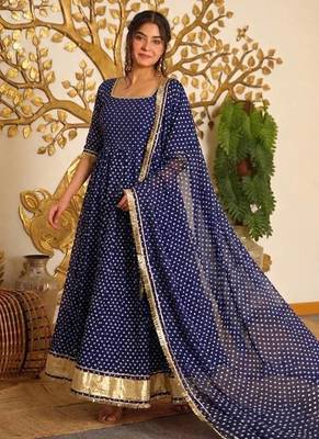 Blue bandhej print faux georgette anarkali gown set with dupatta 2