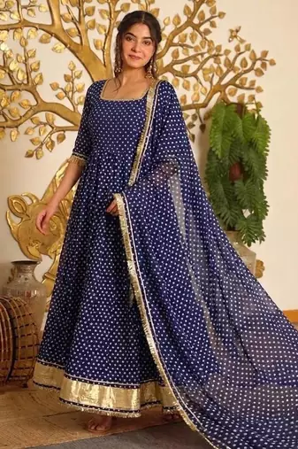 Blue bandhej print faux georgette anarkali gown set with dupatta