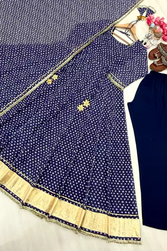 Blue bandhej print faux georgette anarkali gown set with dupatta