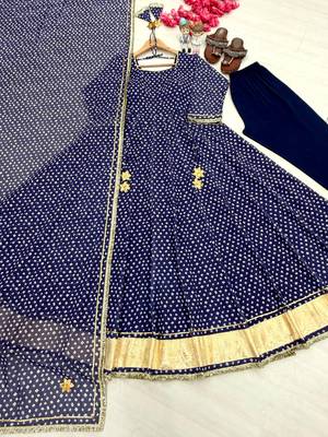 Blue bandhej print faux georgette anarkali gown set with dupatta 4