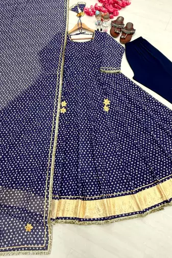 Blue bandhej print faux georgette anarkali gown set with dupatta