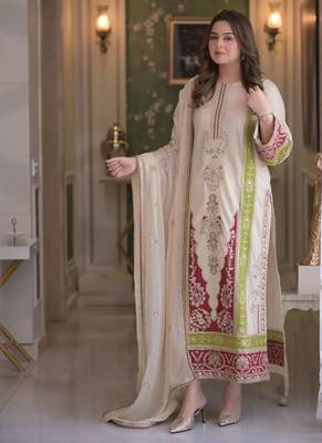 Cream pure roman silk blend embroidered kurta set with dupatta 1