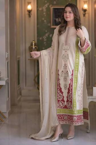 Cream pure roman silk blend embroidered kurta set with dupatta