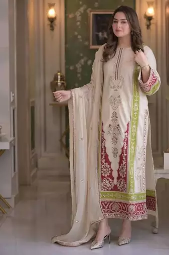 Cream pure roman silk blend embroidered kurta set with dupatta