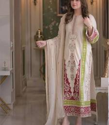 Cream pure roman silk blend embroidered kurta set with dupatta
