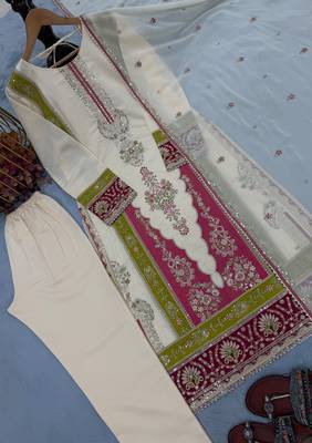 Cream pure roman silk blend embroidered kurta set with dupatta 2