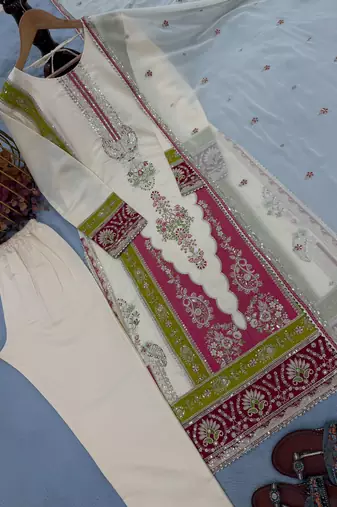 Cream pure roman silk blend embroidered kurta set with dupatta