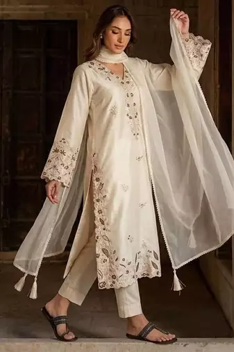 Ivory pure roman glass embroidered kaftan set with dupatta