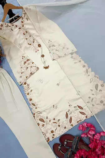 Ivory pure roman glass embroidered kaftan set with dupatta