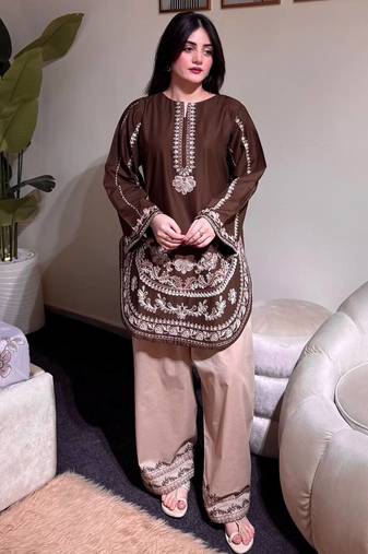 Brown pure roman silk blend embroidered kurta & farshi palazzo set