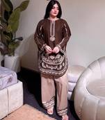 Brown pure roman silk blend embroidered kurta & farshi palazzo set