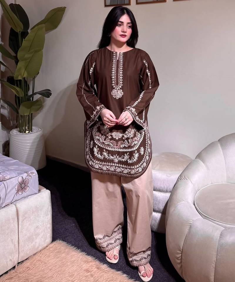 Brown pure roman silk blend embroidered kurta & farshi palazzo set