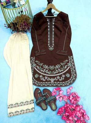 Brown pure roman silk blend embroidered kurta & farshi palazzo set 2