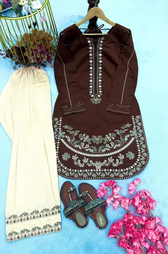 Brown pure roman silk blend embroidered kurta & farshi palazzo set