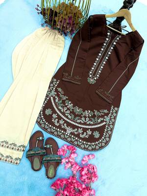 Brown pure roman silk blend embroidered kurta & farshi palazzo set 3