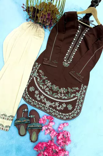 Brown pure roman silk blend embroidered kurta & farshi palazzo set