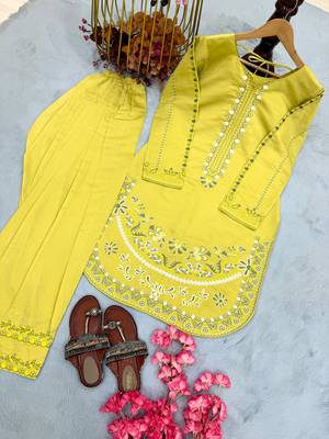 Yellow pure roman silk blend embroidered kurta & farshi palazzo set 2