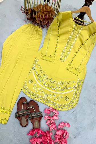 Yellow pure roman silk blend embroidered kurta & farshi palazzo set
