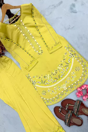 Yellow pure roman silk blend embroidered kurta & farshi palazzo set