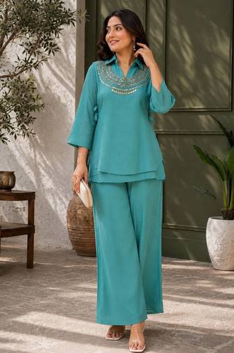 Teal blue Rakshabandhan Spacial gold crush kurti palazzo set with embellished koti