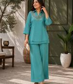 Teal blue Rakshabandhan Spacial gold crush kurti palazzo set with embellished koti