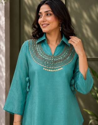 Teal blue Rakshabandhan Spacial gold crush kurti palazzo set with embellished koti 2