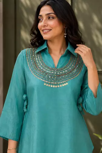 Teal blue Rakshabandhan Spacial gold crush kurti palazzo set with embellished koti
