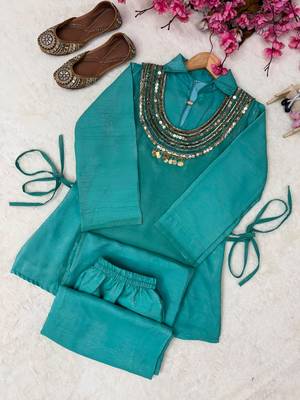 Teal blue Rakshabandhan Spacial gold crush kurti palazzo set with embellished koti 3