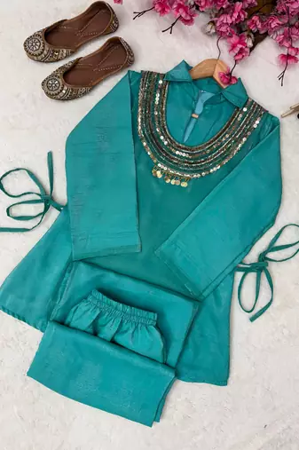 Teal blue Rakshabandhan Spacial gold crush kurti palazzo set with embellished koti