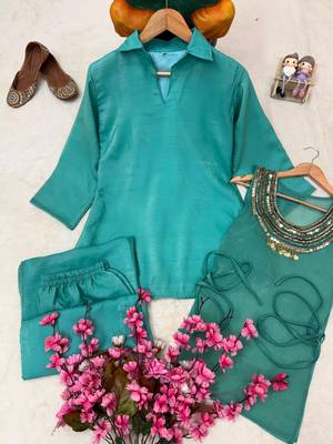 Teal blue Rakshabandhan Spacial gold crush kurti palazzo set with embellished koti 4