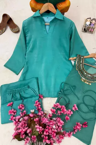 Teal blue Rakshabandhan Spacial gold crush kurti palazzo set with embellished koti