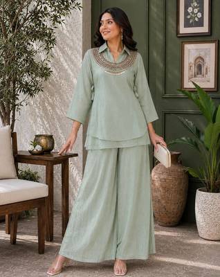 Sage green Rakshabandhan Spacial  gold crush kurti palazzo set with embellished koti 1