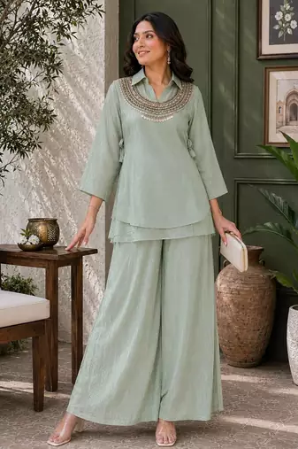 Sage green Rakshabandhan Spacial  gold crush kurti palazzo set with embellished koti