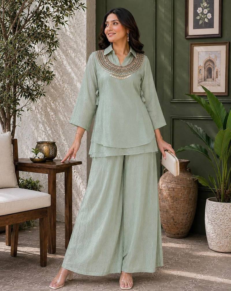 Sage green Rakshabandhan Spacial  gold crush kurti palazzo set with embellished koti