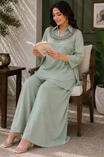 Sage green Rakshabandhan Spacial  gold crush kurti palazzo set with embellished koti