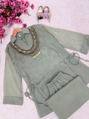 Sage green Rakshabandhan Spacial  gold crush kurti palazzo set with embellished koti 3