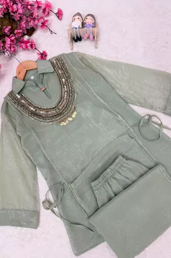 Sage green Rakshabandhan Spacial  gold crush kurti palazzo set with embellished koti