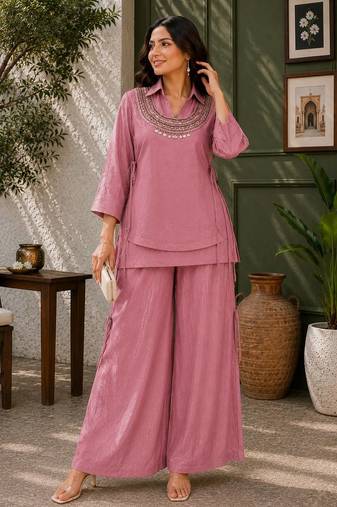 Rose gold Rakshabandhan Spacial crush kurti palazzo set with embellished koti