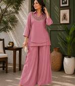 Rose gold Rakshabandhan Spacial crush kurti palazzo set with embellished koti