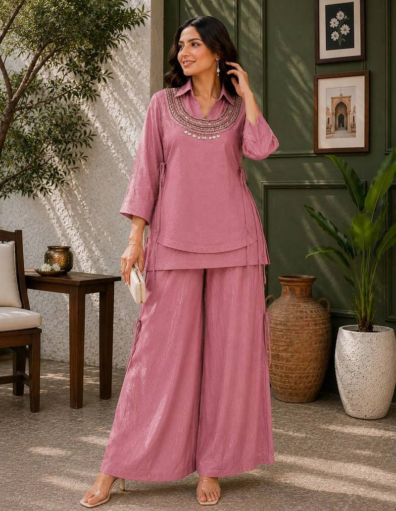 Rose gold Rakshabandhan Spacial crush kurti palazzo set with embellished koti