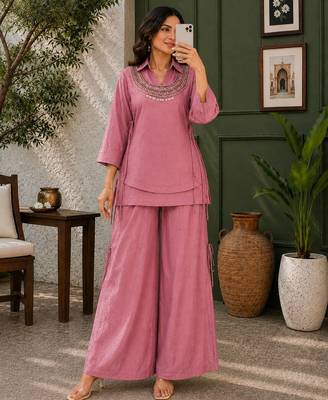 Rose gold Rakshabandhan Spacial crush kurti palazzo set with embellished koti 2