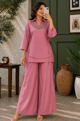 Rose gold Rakshabandhan Spacial crush kurti palazzo set with embellished koti