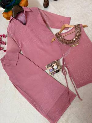 Rose gold Rakshabandhan Spacial crush kurti palazzo set with embellished koti 3