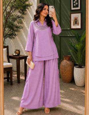 Lavender Rakshabandhan Spacial gold crush kurti palazzo set with embellished koti 1
