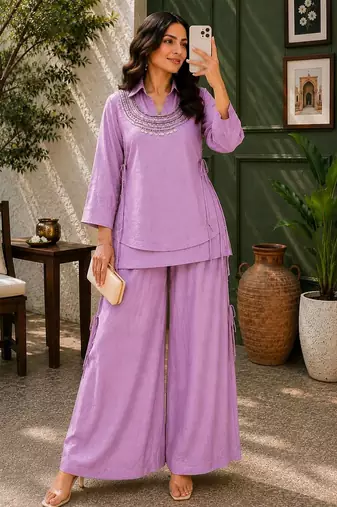 Lavender Rakshabandhan Spacial gold crush kurti palazzo set with embellished koti